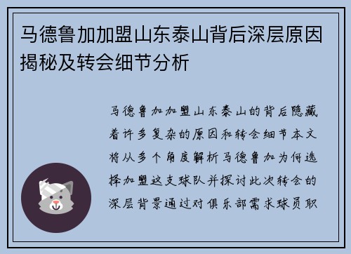 马德鲁加加盟山东泰山背后深层原因揭秘及转会细节分析